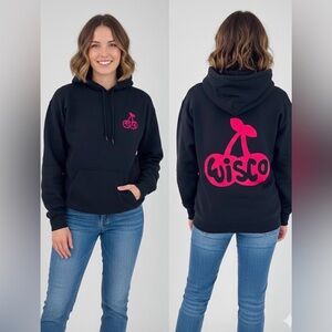 Black Size M Hoodie with Pink “Wisco” Cherry Graphic